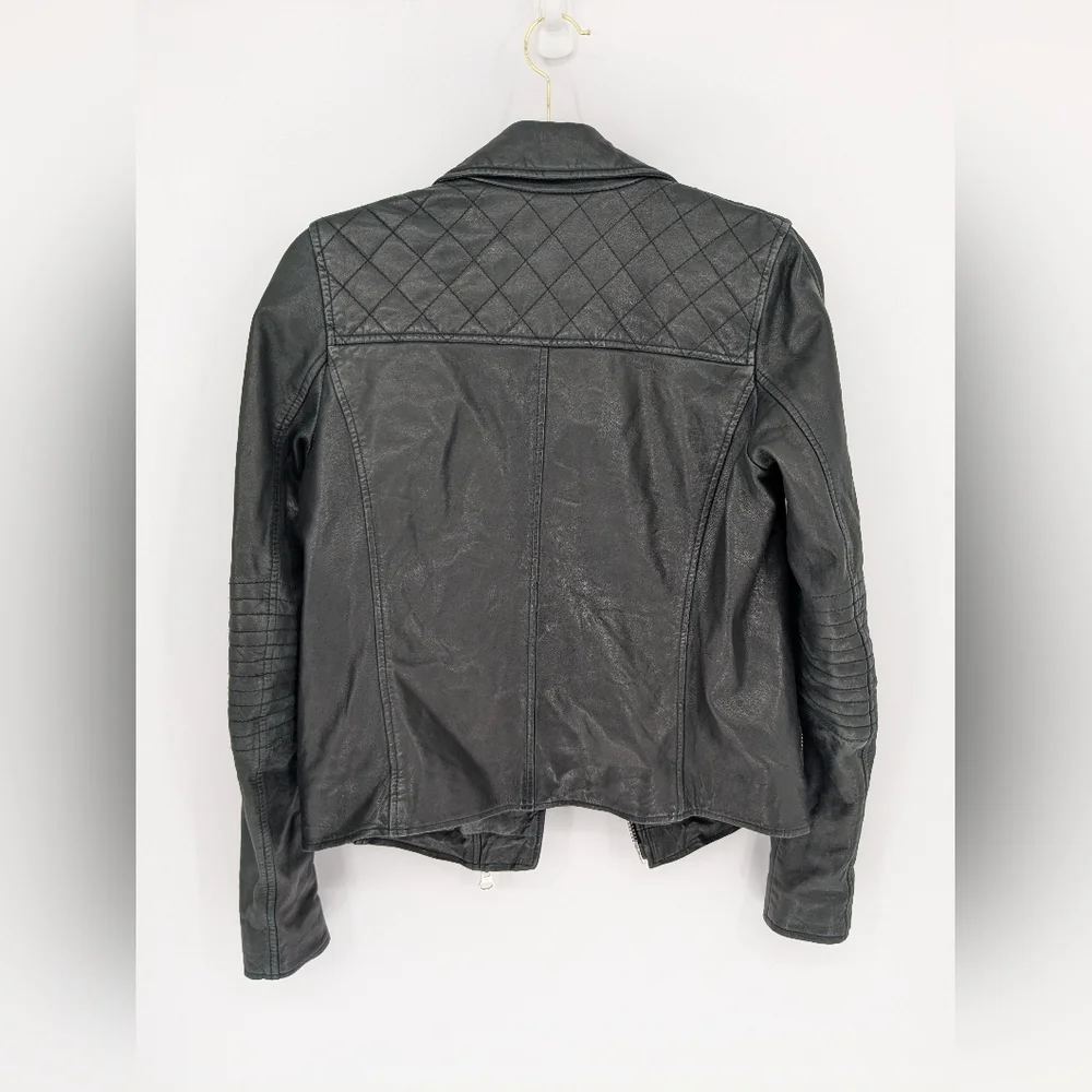 Black Genuine Lambskin Leather Moto Jacket Womens XS Double Zip Slim Biker Chic - Picture 11 of 15